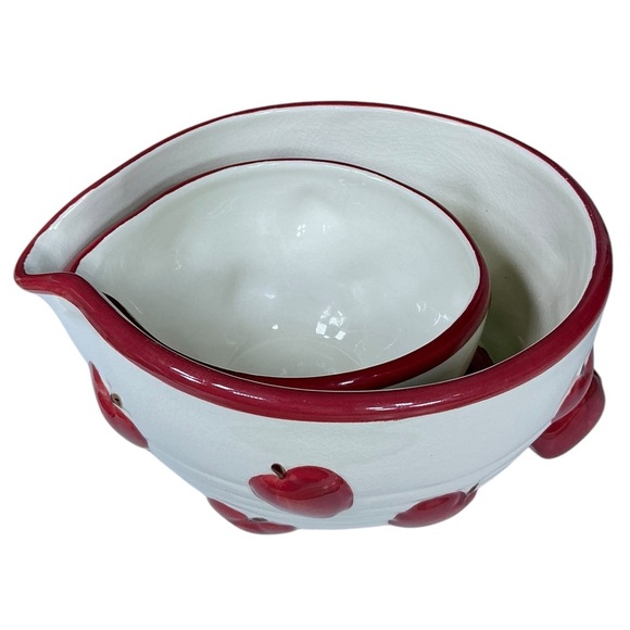 Vintage Mixing Bowls Apples Pour Spouts Handles Ceramic Nesting Design Set of 2 - Picture 7 of 16